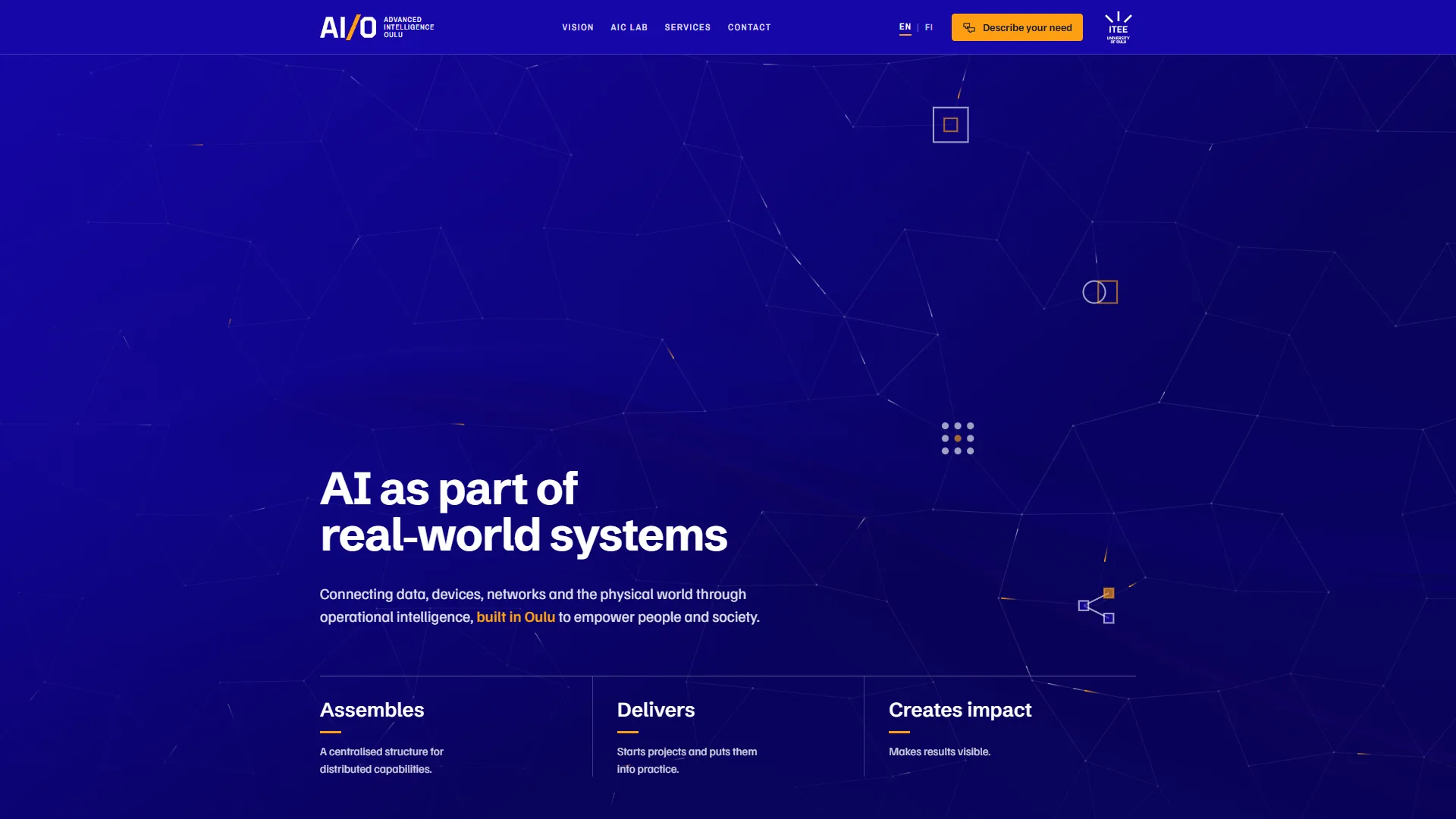 The redesigned aicenter.fi home page: AI as part of real-world systems, on a deep blue network pattern