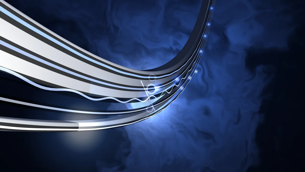 Five glowing strings run along the silver rings of the mark in close-up, a plucked string ripples where a note crosses the bar of light, in deep blue mist